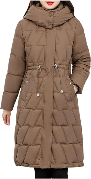 NATHGAM Women Long Puffer Jacket Winter Warm Thickened Cotton-Padded Hooded Outerwear Zip Trendy Going Out Parkas Down Jacket