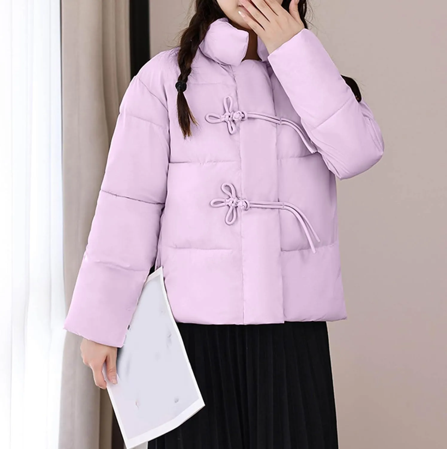 NATHGAM Women Short Puffer Down Jackets Cute Warm Winter Stand Collar Bread Jacket Fashion Casual Loose Cotton Padded Jacket