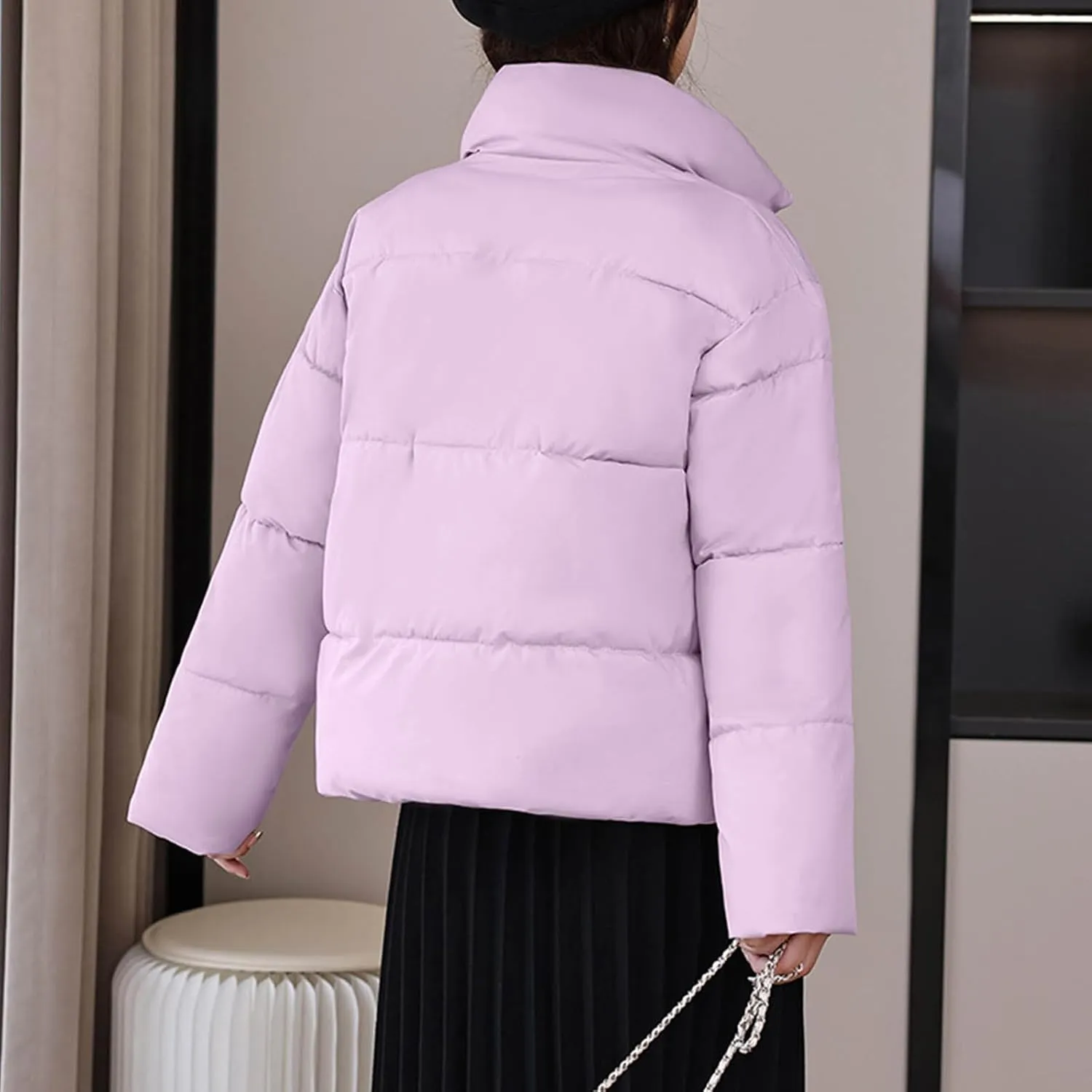 NATHGAM Women Short Puffer Down Jackets Cute Warm Winter Stand Collar Bread Jacket Fashion Casual Loose Cotton Padded Jacket