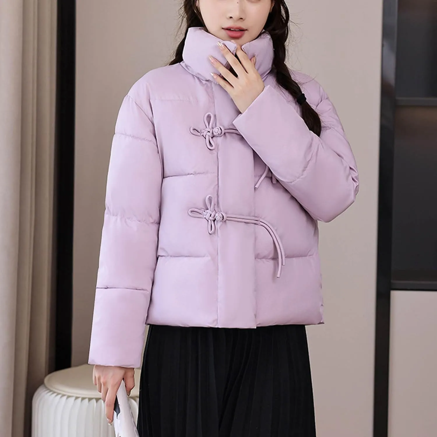 NATHGAM Women Short Puffer Down Jackets Cute Warm Winter Stand Collar Bread Jacket Fashion Casual Loose Cotton Padded Jacket