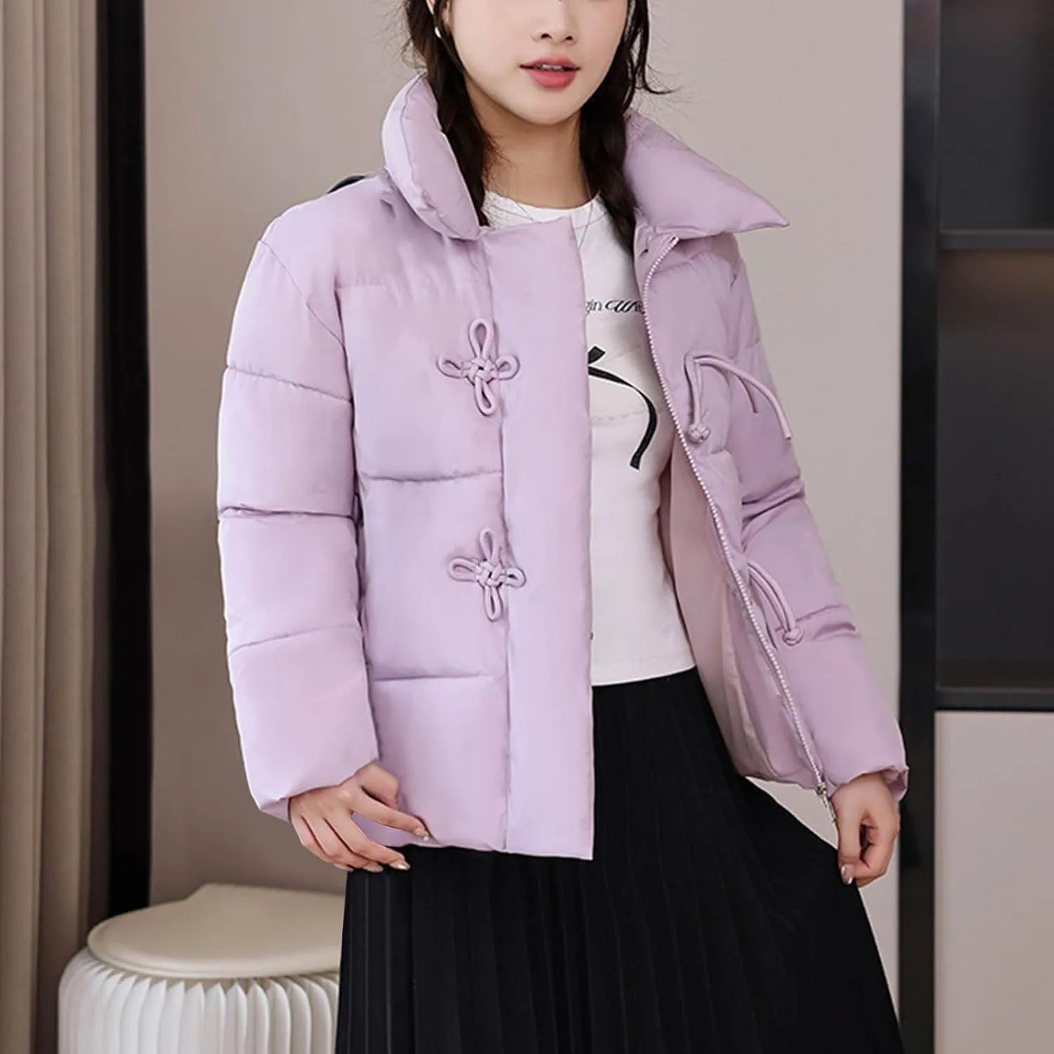 NATHGAM Women Short Puffer Down Jackets Cute Warm Winter Stand Collar Bread Jacket Fashion Casual Loose Cotton Padded Jacket
