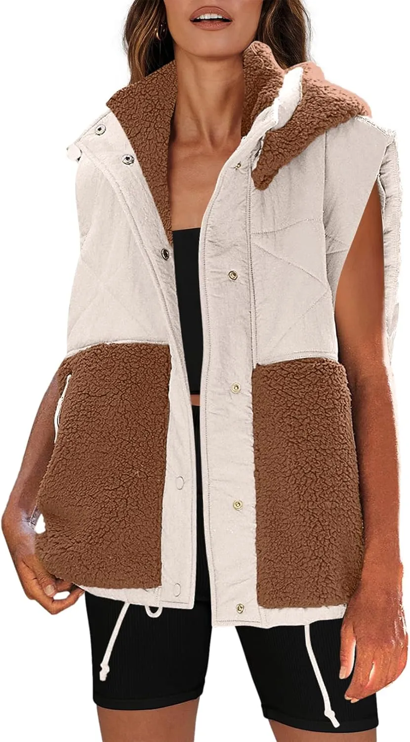 Nirovien Womens Oversized Quilted Vest Color Block Fleece Vest Button Down Padded Outwear Removeable Hooded with Pockets