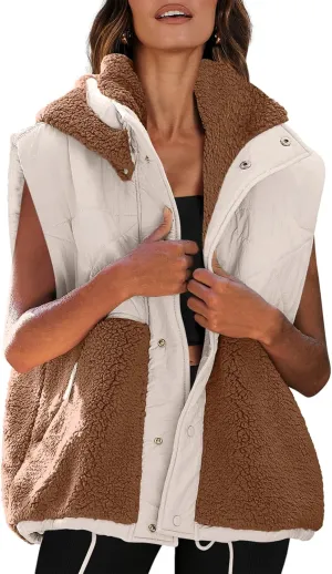 Nirovien Womens Oversized Quilted Vest Color Block Fleece Vest Button Down Padded Outwear Removeable Hooded with Pockets