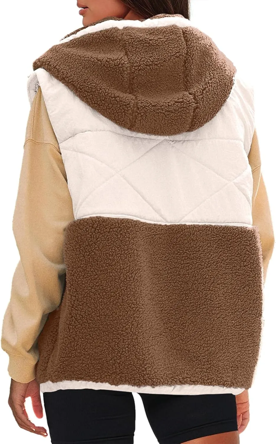Nirovien Womens Oversized Quilted Vest Color Block Fleece Vest Button Down Padded Outwear Removeable Hooded with Pockets