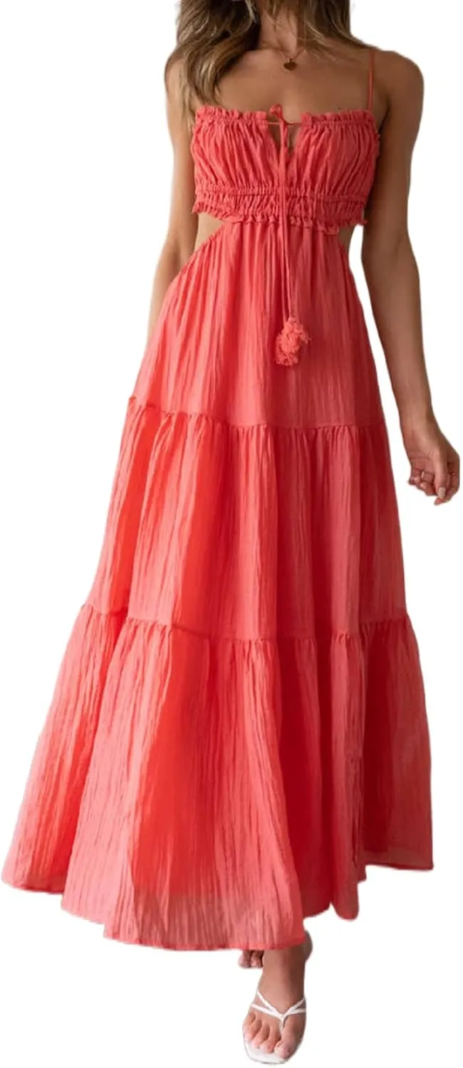 NUFIWI Women Summer Boho Cutout Long Dress Sleeveless Tiered Ruched Boho Cami Dress Flowy Tie Back Beach Sundress