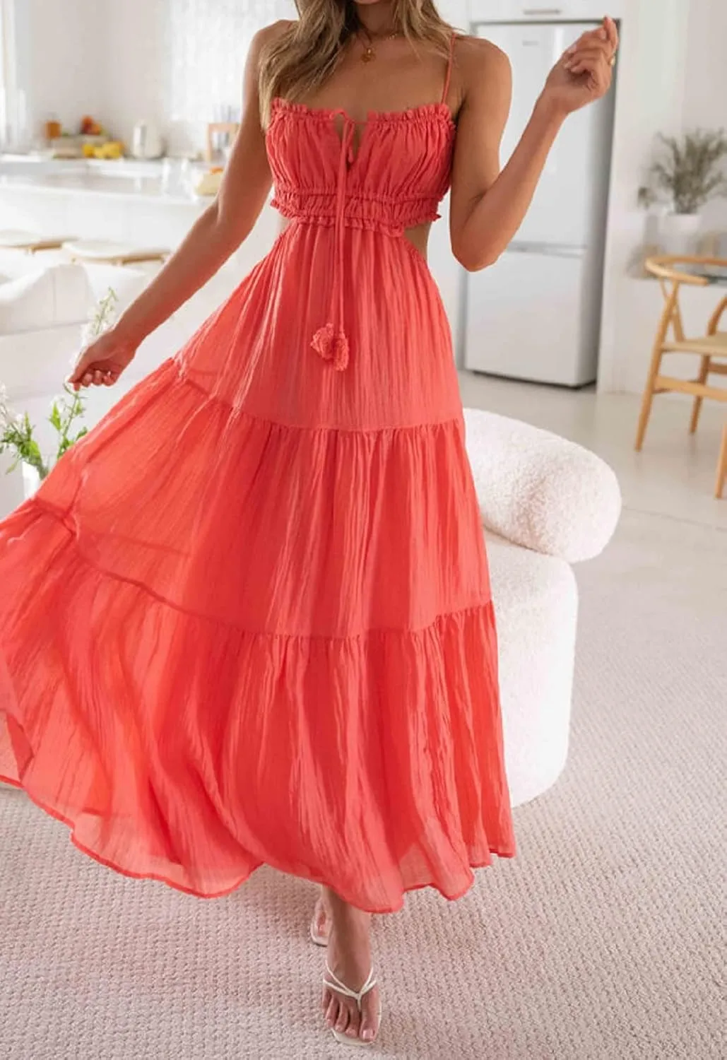 NUFIWI Women Summer Boho Cutout Long Dress Sleeveless Tiered Ruched Boho Cami Dress Flowy Tie Back Beach Sundress