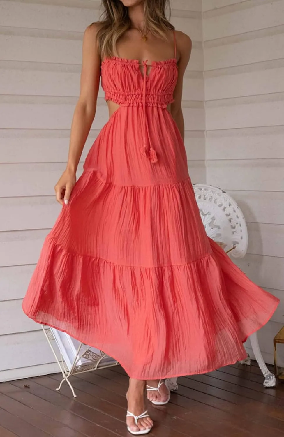 NUFIWI Women Summer Boho Cutout Long Dress Sleeveless Tiered Ruched Boho Cami Dress Flowy Tie Back Beach Sundress