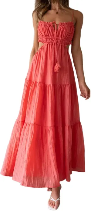 NUFIWI Women Summer Boho Cutout Long Dress Sleeveless Tiered Ruched Boho Cami Dress Flowy Tie Back Beach Sundress