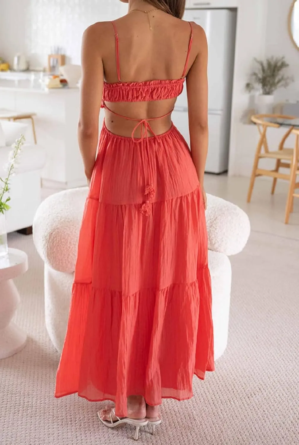 NUFIWI Women Summer Boho Cutout Long Dress Sleeveless Tiered Ruched Boho Cami Dress Flowy Tie Back Beach Sundress