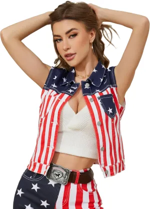 OeyFnbmO Women Vest Sleeveless Jean Jacket Denim Print Vest