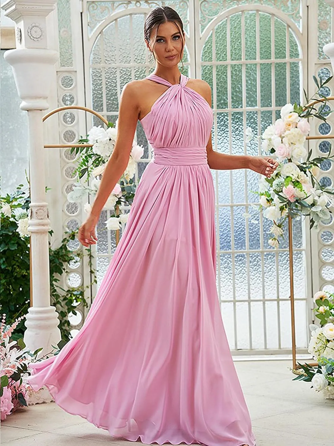 OFEECHUN Women's Chiffon Halter Bridesmaid Dresses for Wedding A Line Pleated Long Evening Formal Gowns