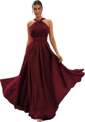 OFEECHUN Women's Chiffon Halter Bridesmaid Dresses for Wedding A Line Pleated Long Evening Formal Gowns