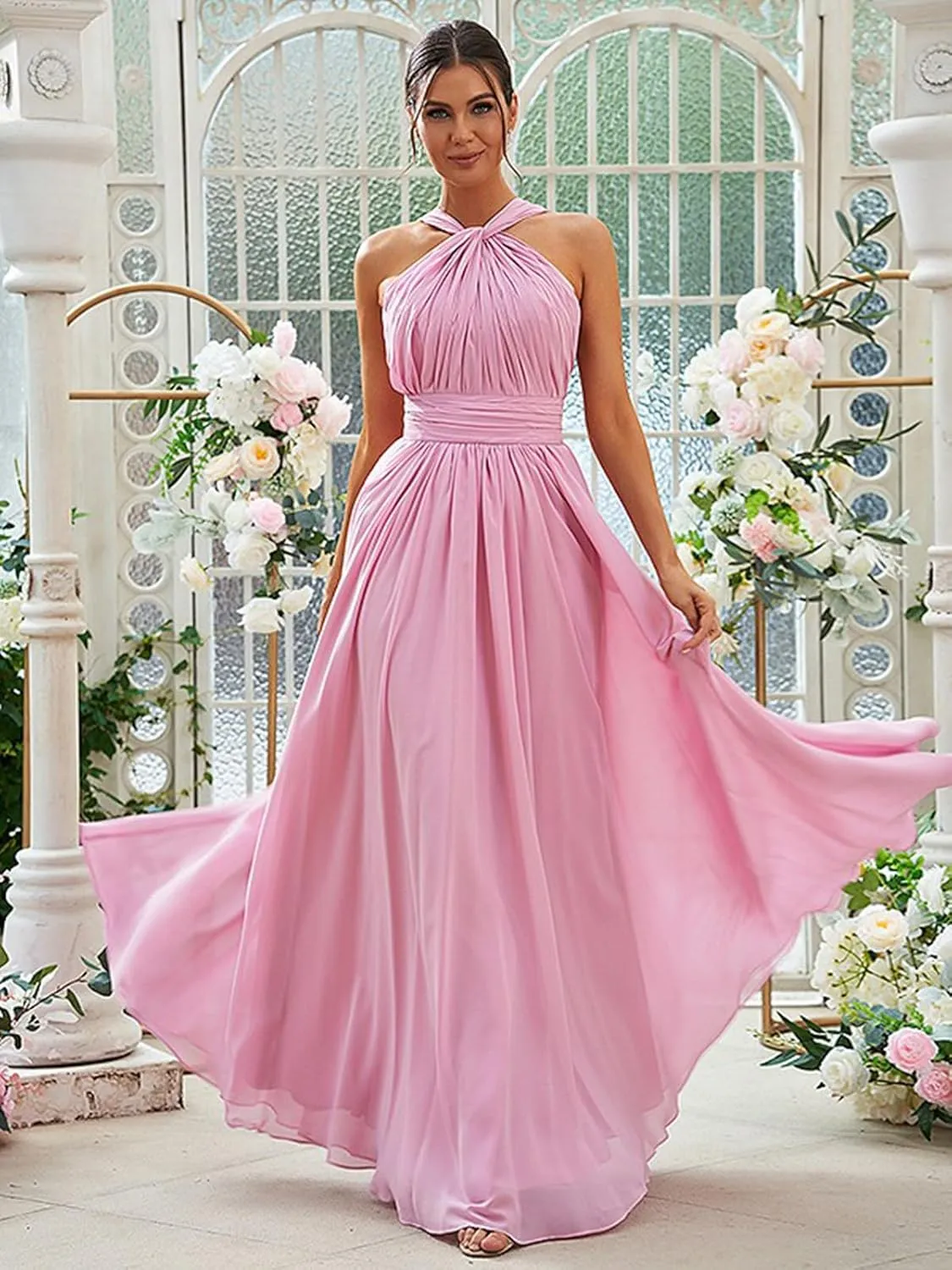 OFEECHUN Women's Chiffon Halter Bridesmaid Dresses for Wedding A Line Pleated Long Evening Formal Gowns