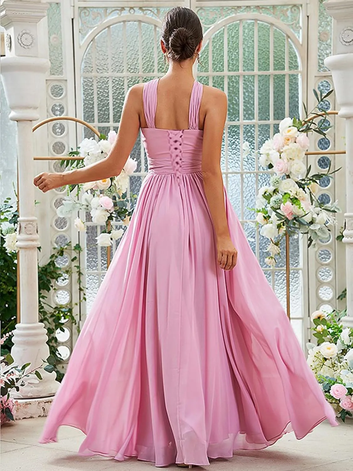 OFEECHUN Women's Chiffon Halter Bridesmaid Dresses for Wedding A Line Pleated Long Evening Formal Gowns