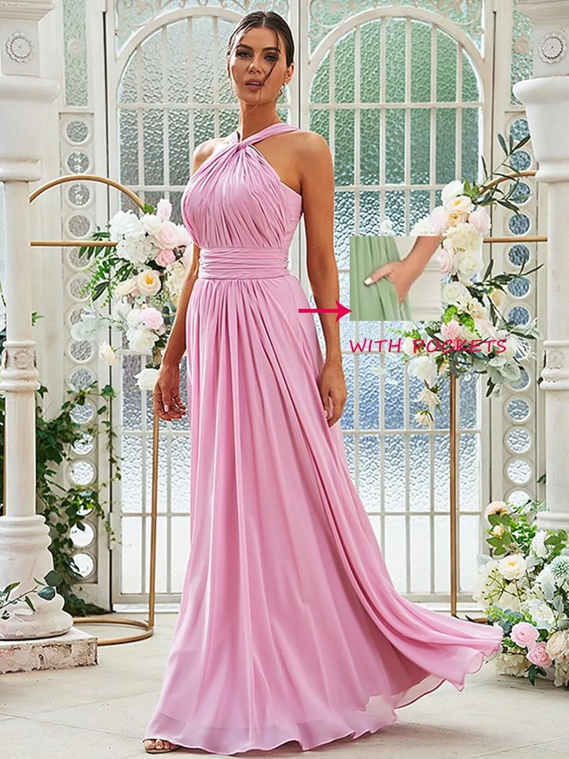 OFEECHUN Women's Chiffon Halter Bridesmaid Dresses for Wedding A Line Pleated Long Evening Formal Gowns