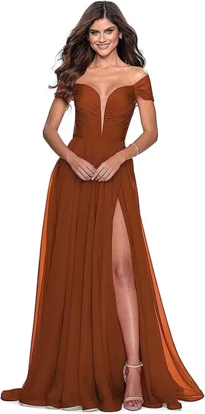 Off The Shoulder Bridesmaid Dress with Slit V Neck Formal Prom Dress Chiffon A Line Evening Gowns for Women Black US10