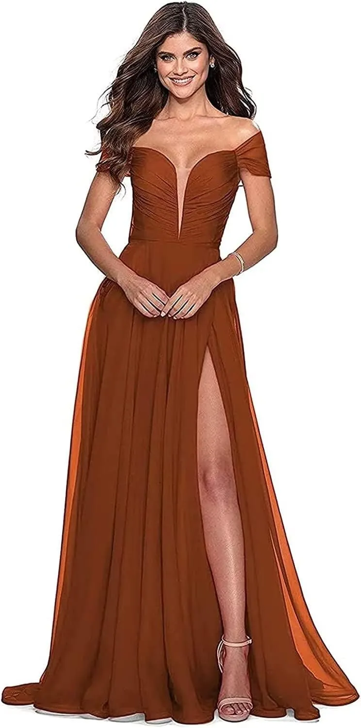 Off The Shoulder Bridesmaid Dress with Slit V Neck Formal Prom Dress Chiffon A Line Evening Gowns for Women Black US10