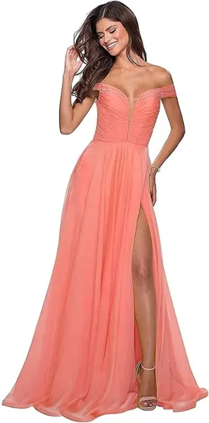Off The Shoulder Bridesmaid Dress with Slit V Neck Formal Prom Dress Chiffon A Line Evening Gowns for Women Coral US16