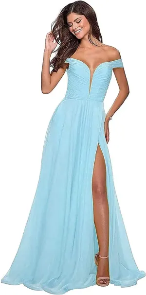 Off The Shoulder Bridesmaid Dress with Slit V Neck Formal Prom Dress Chiffon A Line Evening Gowns for Women Sky Blue US4