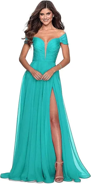 Off The Shoulder Bridesmaid Dress with Slit V Neck Formal Prom Dress Chiffon A Line Evening Gowns for Women Turquoise US12