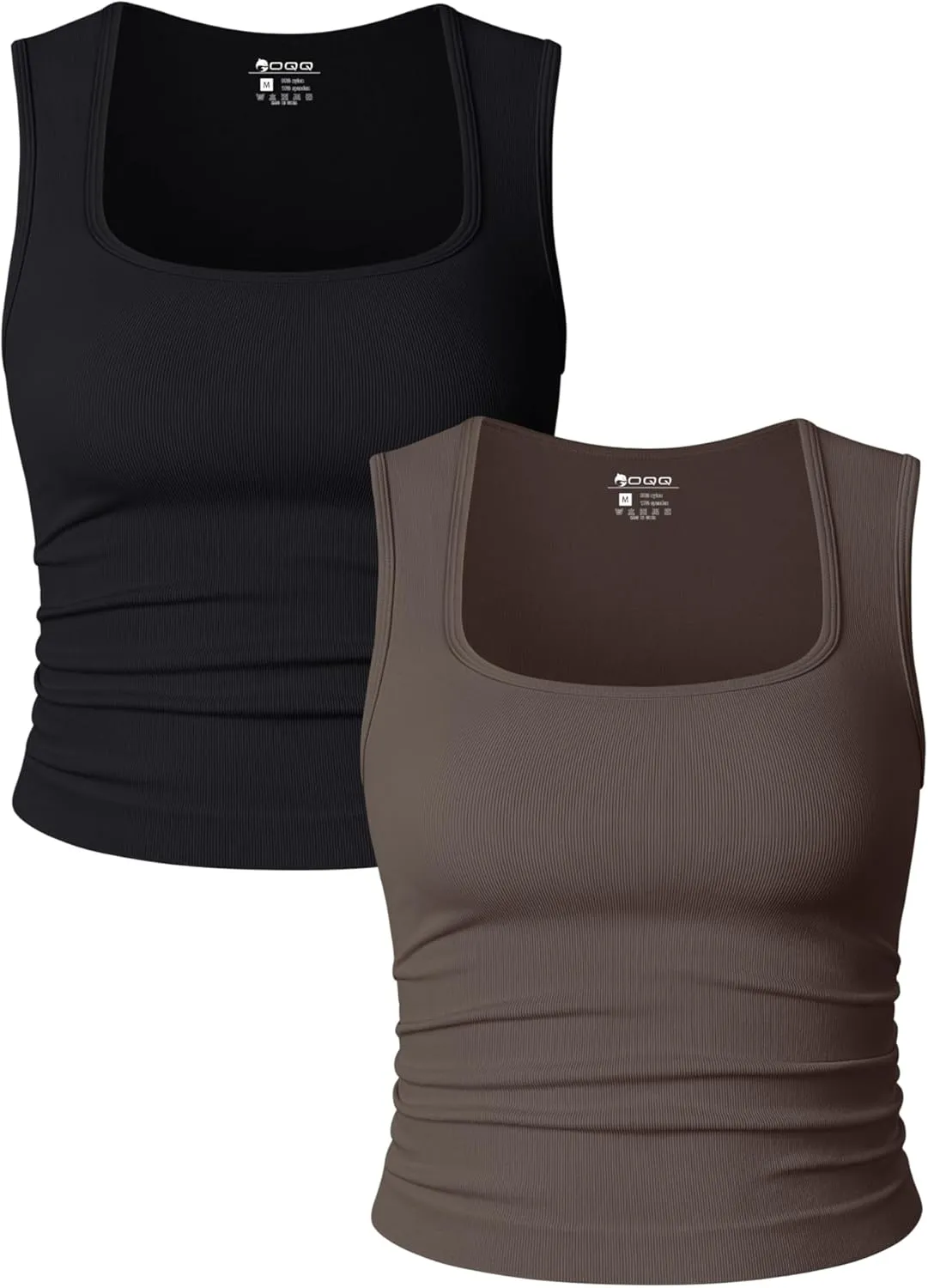OQQ Womens 2 Piece Crop Tops Rueched Sleeveless Square Neck Stretch Basic Tank Shirts