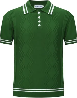 OXKNIT Mens Knitted Vintage Polo Shirt, 1960s Mod Style Retro Polo Textures Shirt with Double Line Neck