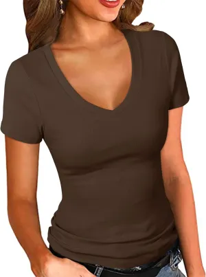 PALINDA Women's Short Sleeves Ribbed Fitted Shirt Basic V Neck Slim T Shirt Tops