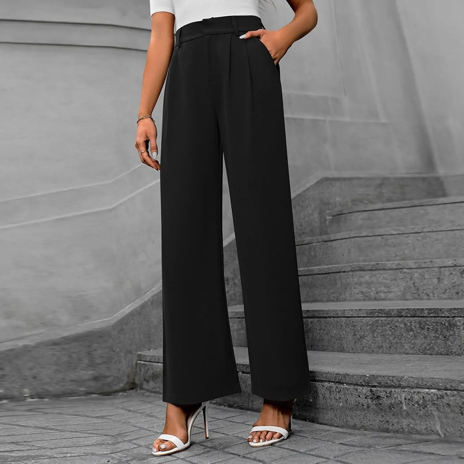 Pants for Women, High Waist Baggy Trousers Straight Leg Slacks Wide Leg Pants