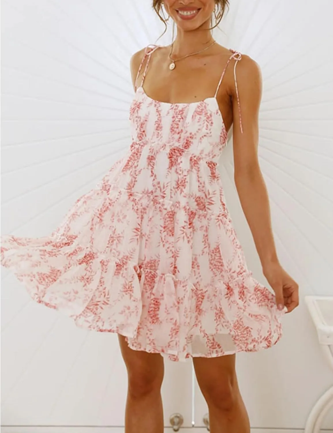 Perbai Womens Summer Floral Mini Dress Ruffle Sleeveless Spaghetti Strap Sundress Boho Flowy Skater Dresses 2025