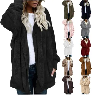 PETYCZEN Womens Winter Coats, Womens Fleece Jacket Winter Fuzzy Sherpa Lined Lightweight Open Front Long Cardigan Coats Oversized Shaggy Shearling Thermal Hooded Jackets with Pockets A-Black 3XL