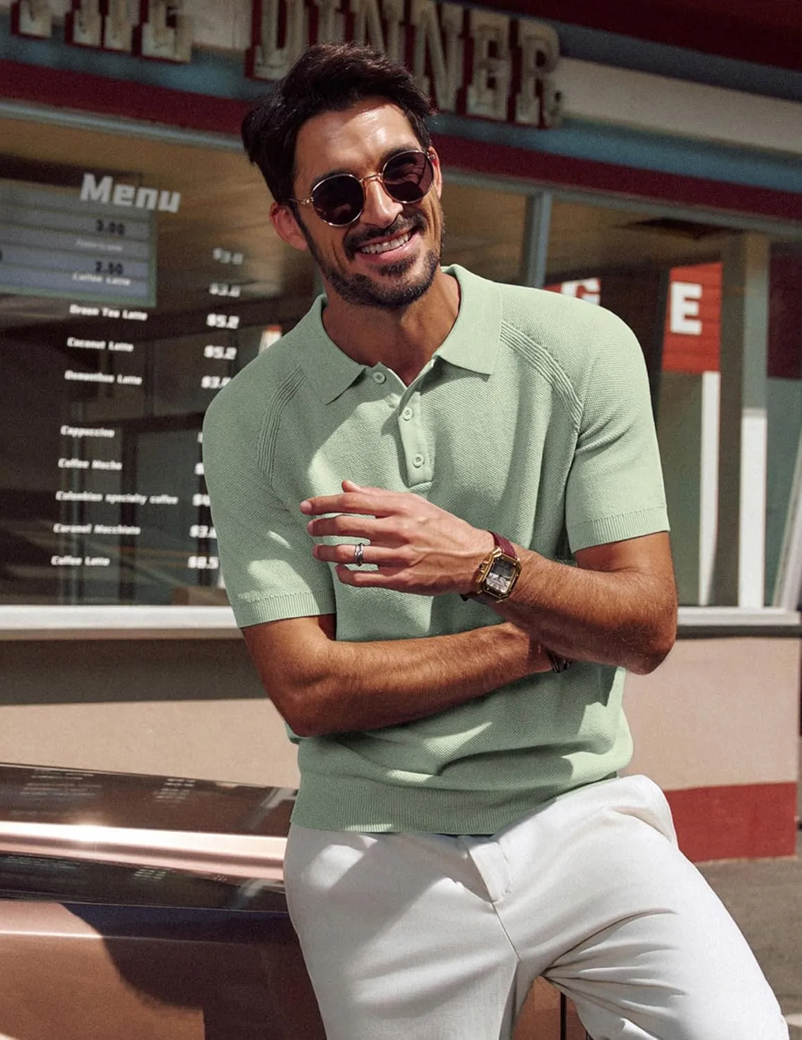 PJ PAUL JONES Men's Polo Shirt Short Sleeve Textured Knit Button Shirts Raglan Sleeve Casual Golf Shirt