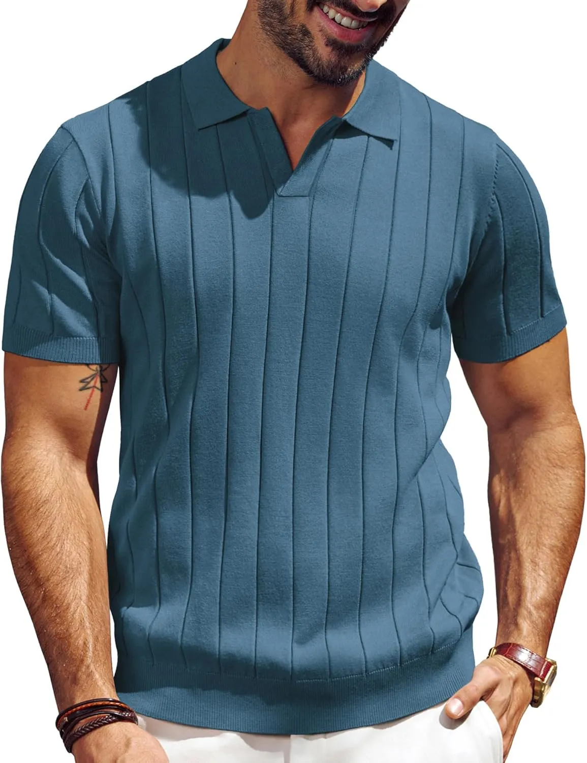 PJ PAUL JONES Men's Polo Shirt V Neck Texture Shirt Short Sleeve Casual Knit Polos