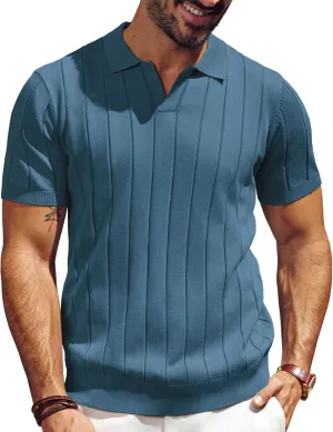 PJ PAUL JONES Men's Polo Shirt V Neck Texture Shirt Short Sleeve Casual Knit Polos