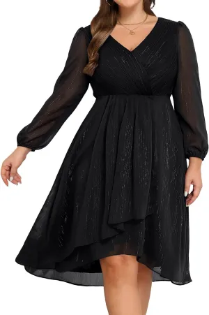 Plus Size Cocktail Dress - Formal Wedding Guest Fall Long Sleeve A Line Pleated V Neck Midi Dresses for Curvy Women