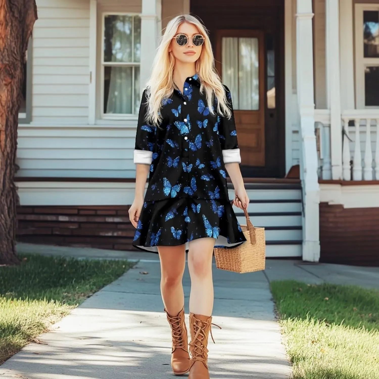 POLERO Womens Shirt Dress with Pockets Long Sleeve Mini Dresses Tunic Shirt Short Dresses