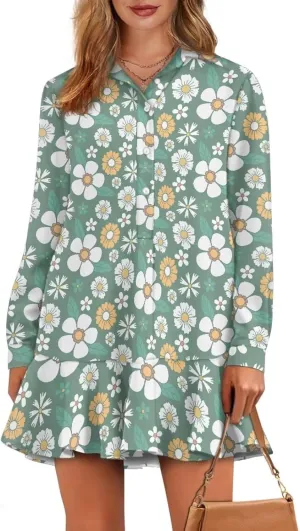 POLERO Womens Shirt Dress with Pockets Long Sleeve Mini Dresses Tunic Shirt Short Dresses