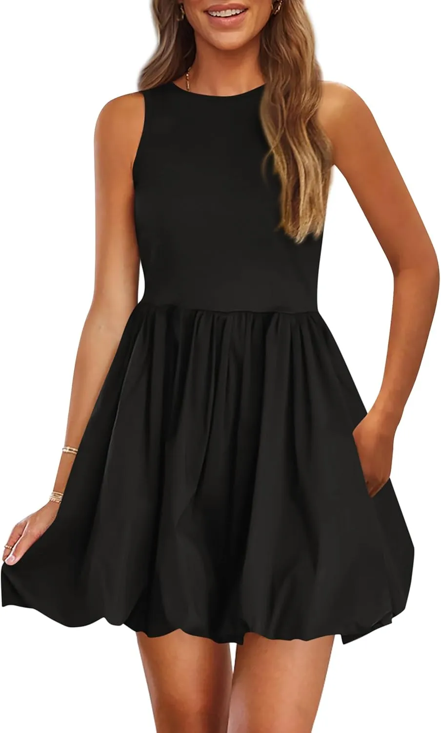 PRETTYGARDEN Summer Dresses for Women 2025 Casual Sleeveless Tank Mini Short Dress Crew Neck Bubble Sundress with Pockets