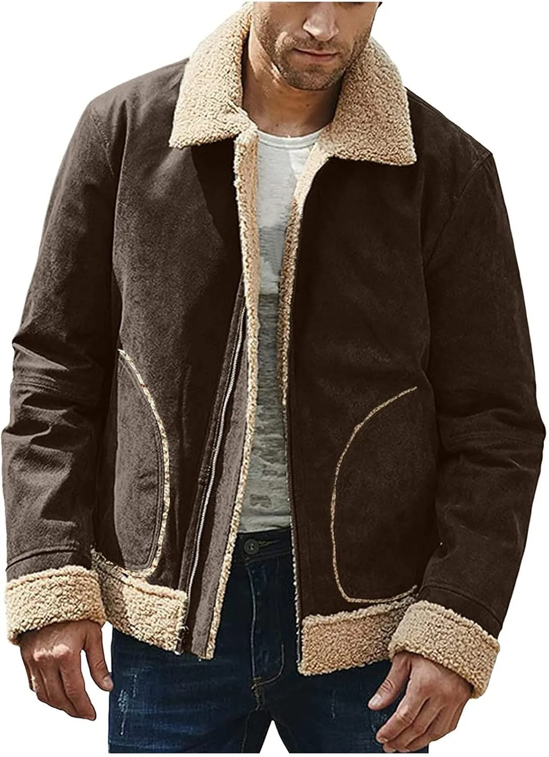 Puffy Jackets Winter Coat For Men Faux Suede Fur Jacket Lapel Heavyweight Thicken Thermal Sherpa Lined Overcoat