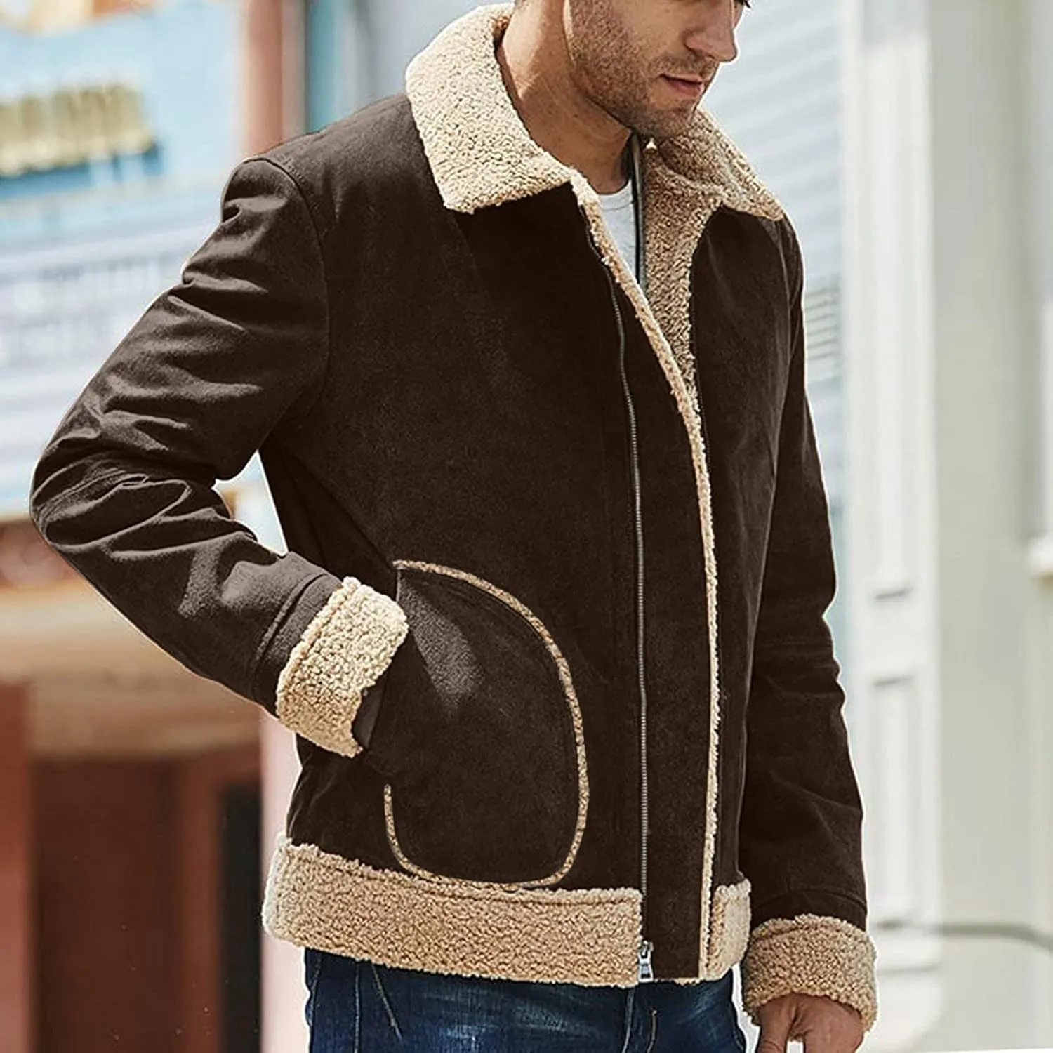 Puffy Jackets Winter Coat For Men Faux Suede Fur Jacket Lapel Heavyweight Thicken Thermal Sherpa Lined Overcoat