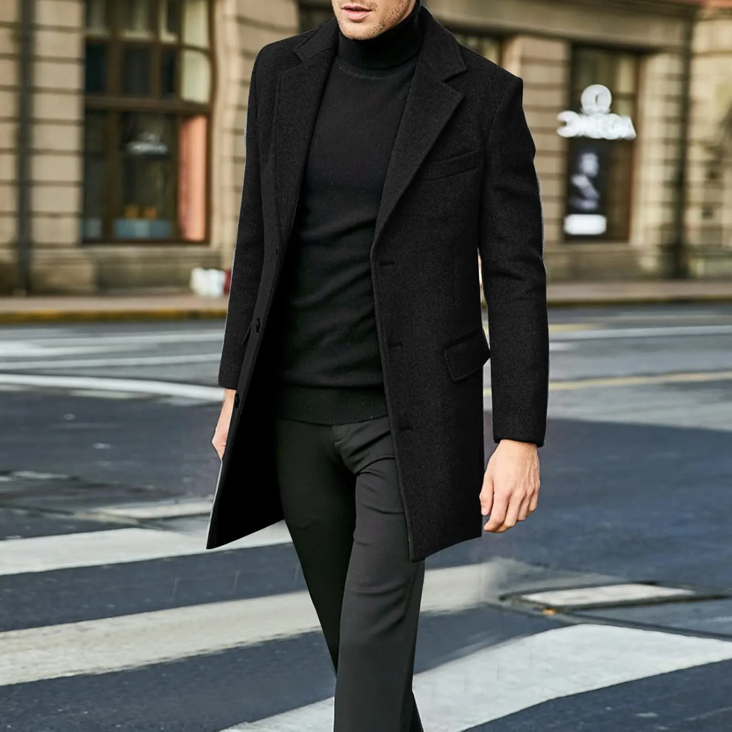 QWENTMTNTY Wool Pea Coats for Men Winter Slim Fit Casual Single Breasted Trench Coat Mid-Length Thermal Business Peacoat