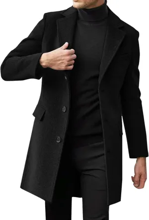 QWENTMTNTY Wool Pea Coats for Men Winter Slim Fit Casual Single Breasted Trench Coat Mid-Length Thermal Business Peacoat