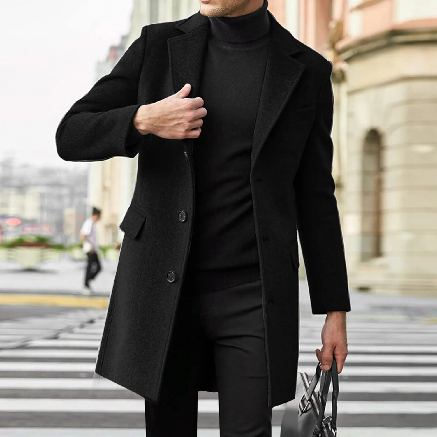 QWENTMTNTY Wool Pea Coats for Men Winter Slim Fit Casual Single Breasted Trench Coat Mid-Length Thermal Business Peacoat