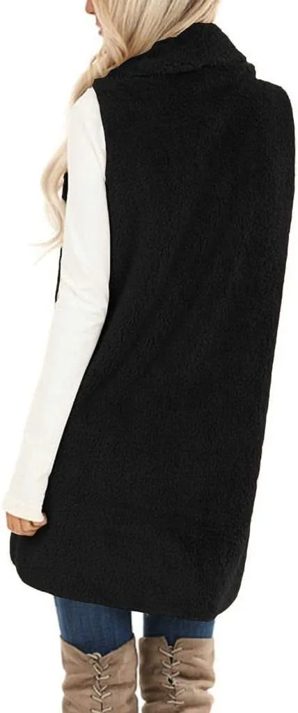 ReachMe Womens Sleeveless Sherpa Vest with Pockets Lapel Open Front Fleece Cardigan Sweater Fuzzy Jacket Coat