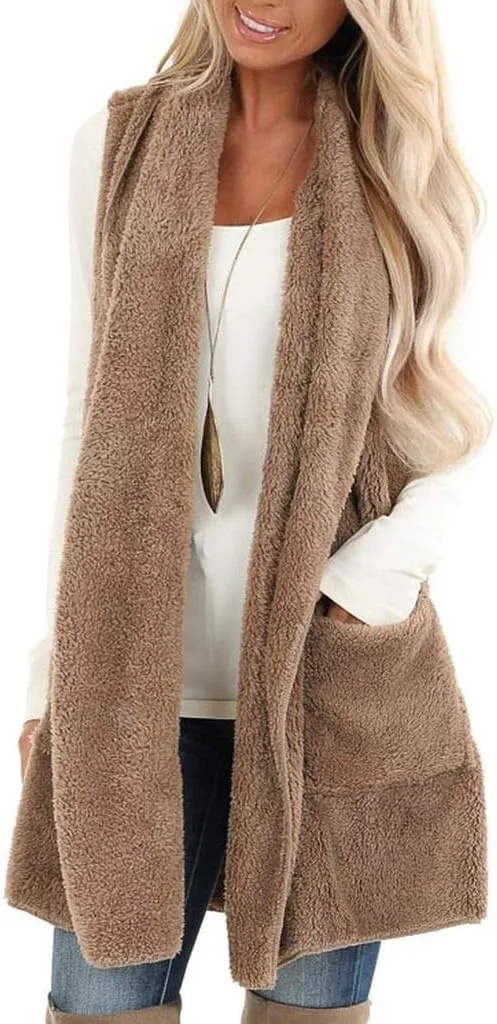 ReachMe Womens Sleeveless Sherpa Vest with Pockets Lapel Open Front Fleece Cardigan Sweater Fuzzy Jacket Coat
