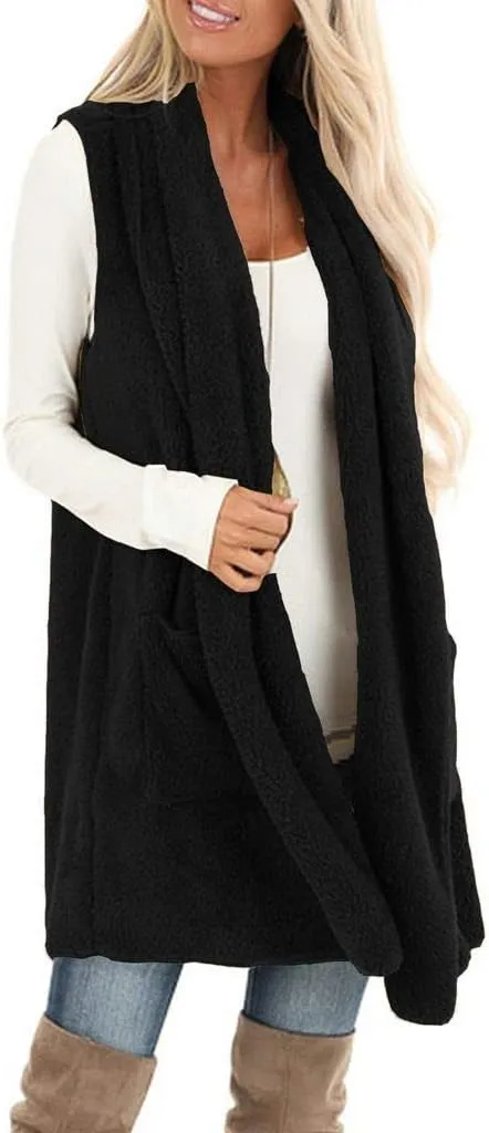 ReachMe Womens Sleeveless Sherpa Vest with Pockets Lapel Open Front Fleece Cardigan Sweater Fuzzy Jacket Coat