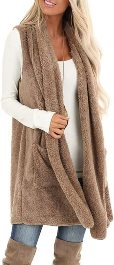 ReachMe Womens Sleeveless Sherpa Vest with Pockets Lapel Open Front Fleece Cardigan Sweater Fuzzy Jacket Coat
