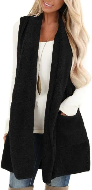 ReachMe Womens Sleeveless Sherpa Vest with Pockets Lapel Open Front Fleece Cardigan Sweater Fuzzy Jacket Coat
