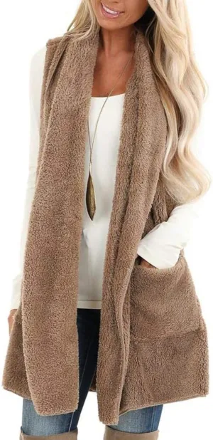 ReachMe Womens Sleeveless Sherpa Vest with Pockets Lapel Open Front Fleece Cardigan Sweater Fuzzy Jacket Coat