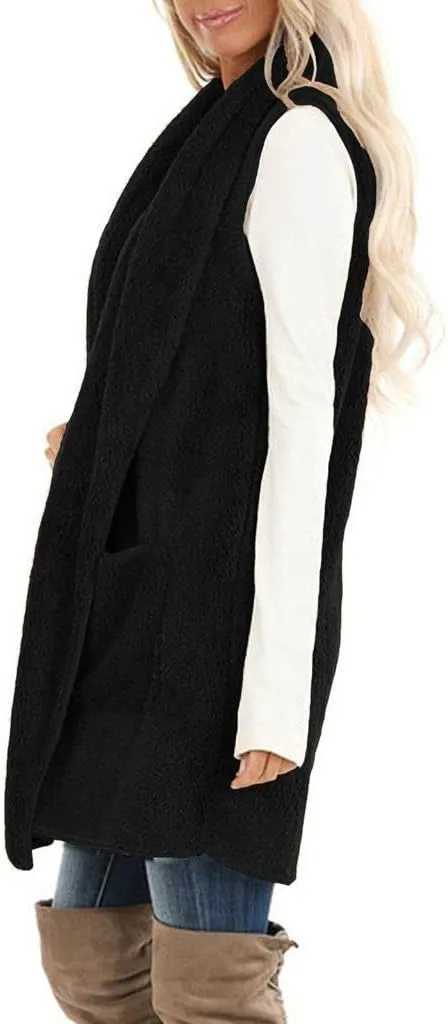 ReachMe Womens Sleeveless Sherpa Vest with Pockets Lapel Open Front Fleece Cardigan Sweater Fuzzy Jacket Coat