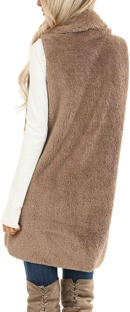ReachMe Womens Sleeveless Sherpa Vest with Pockets Lapel Open Front Fleece Cardigan Sweater Fuzzy Jacket Coat